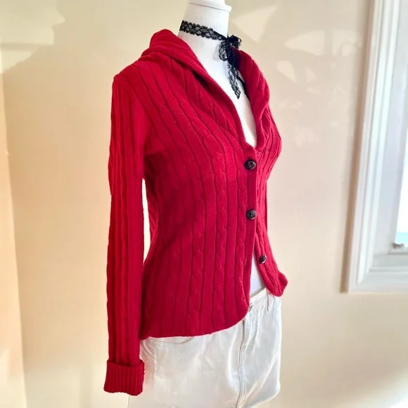 Vintage Y2K Retro Red Cable Knit Cardigan Sweater Preppy Academia Ralph Lauren S - Picture 3 of 7